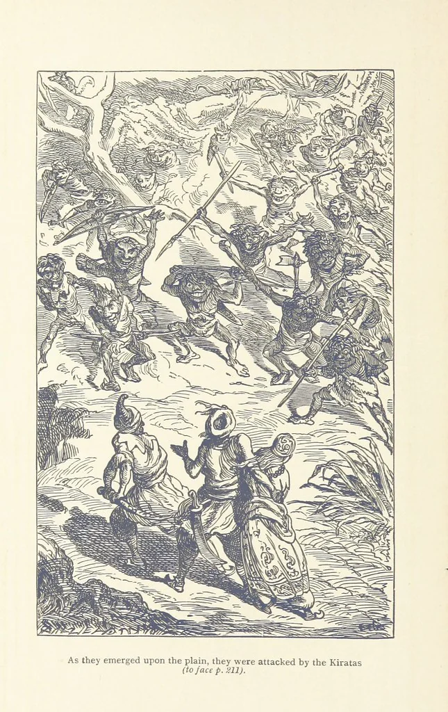 An illustration from Vikram and Vampire; or, Tales of Hindu devilry. Adapted by Captain Sir Richard F. Burton [from the Baitāl-Pachīsī] ... Edited by his wife, Isabel Burton ... With thirty-three illustrations by Ernest Griset, 1893, leaf 268