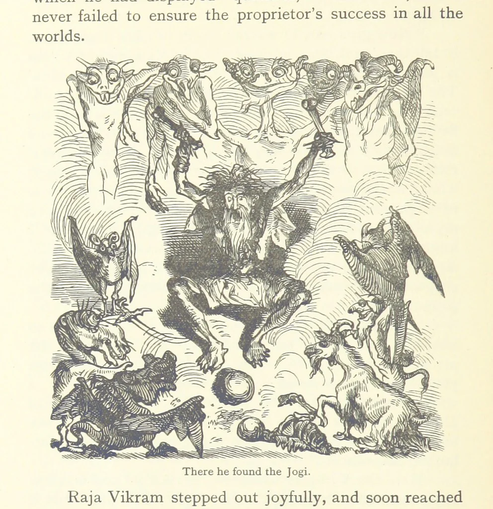 An illustration from Vikram and Vampire; or, Tales of Hindu devilry. Adapted by Captain Sir Richard F. Burton [from the Baitāl-Pachīsī] ... Edited by his wife, Isabel Burton ... With thirty-three illustrations by Ernest Griset, 1893, leaf 296