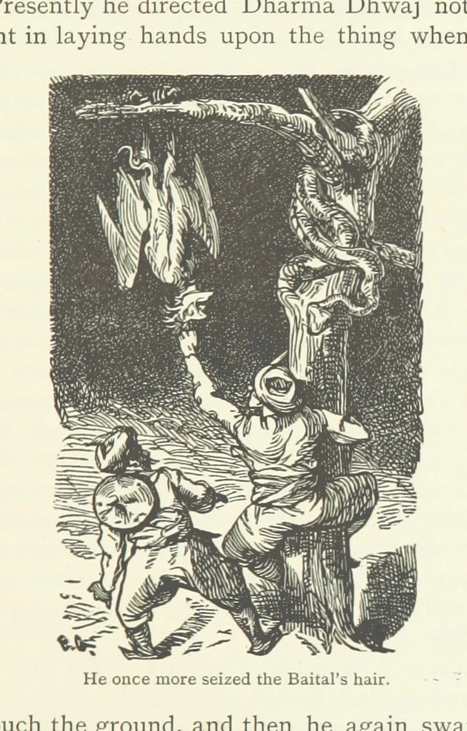 An illustration from Vikram and Vampire; or, Tales of Hindu devilry. Adapted by Captain Sir Richard F. Burton [from the Baitāl-Pachīsī] ... Edited by his wife, Isabel Burton ... With thirty-three illustrations by Ernest Griset, 1893, leaf 67