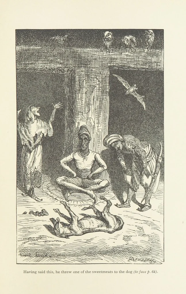 An illustration from Vikram and Vampire; or, Tales of Hindu devilry. Adapted by Captain Sir Richard F. Burton [from the Baitāl-Pachīsī] ... Edited by his wife, Isabel Burton ... With thirty-three illustrations by Ernest Griset, 1893, leaf 99