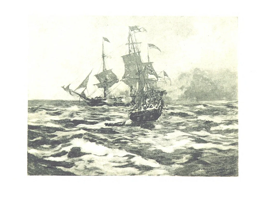 An illustration from Naval Actions of the War of 1812 ... With 21 illustrations in color by C. T. Chapman, 1897, leaf 309