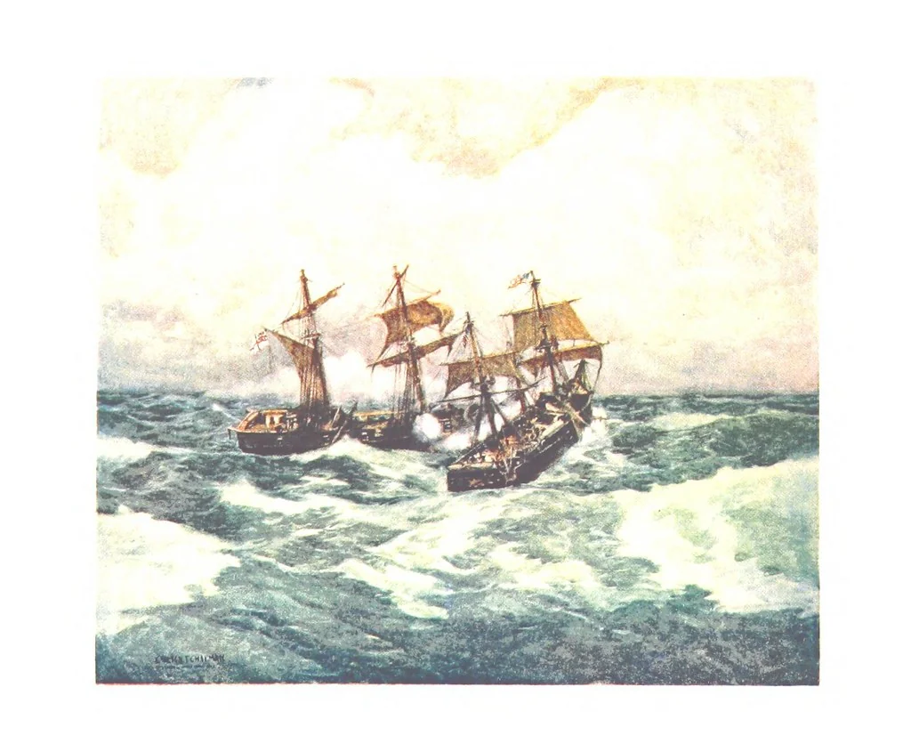 An illustration from Naval Actions of the War of 1812 ... With 21 illustrations in color by C. T. Chapman, 1897, leaf 87