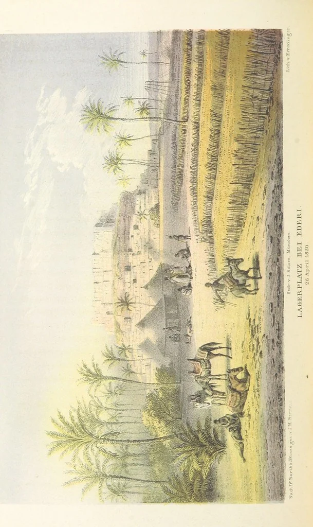 An illustration from Reisen und Entdeckungen in Nord- und Central-Afrika in den Jahren 1849 bis 1855. Von Dr. H. Barth. Tagebuch seiner im Auftrag der Brittischen Regierung unternommenen Reise ... Mit Karten, Holzschnitten und Bildern. L.P, 1857, leaf 214