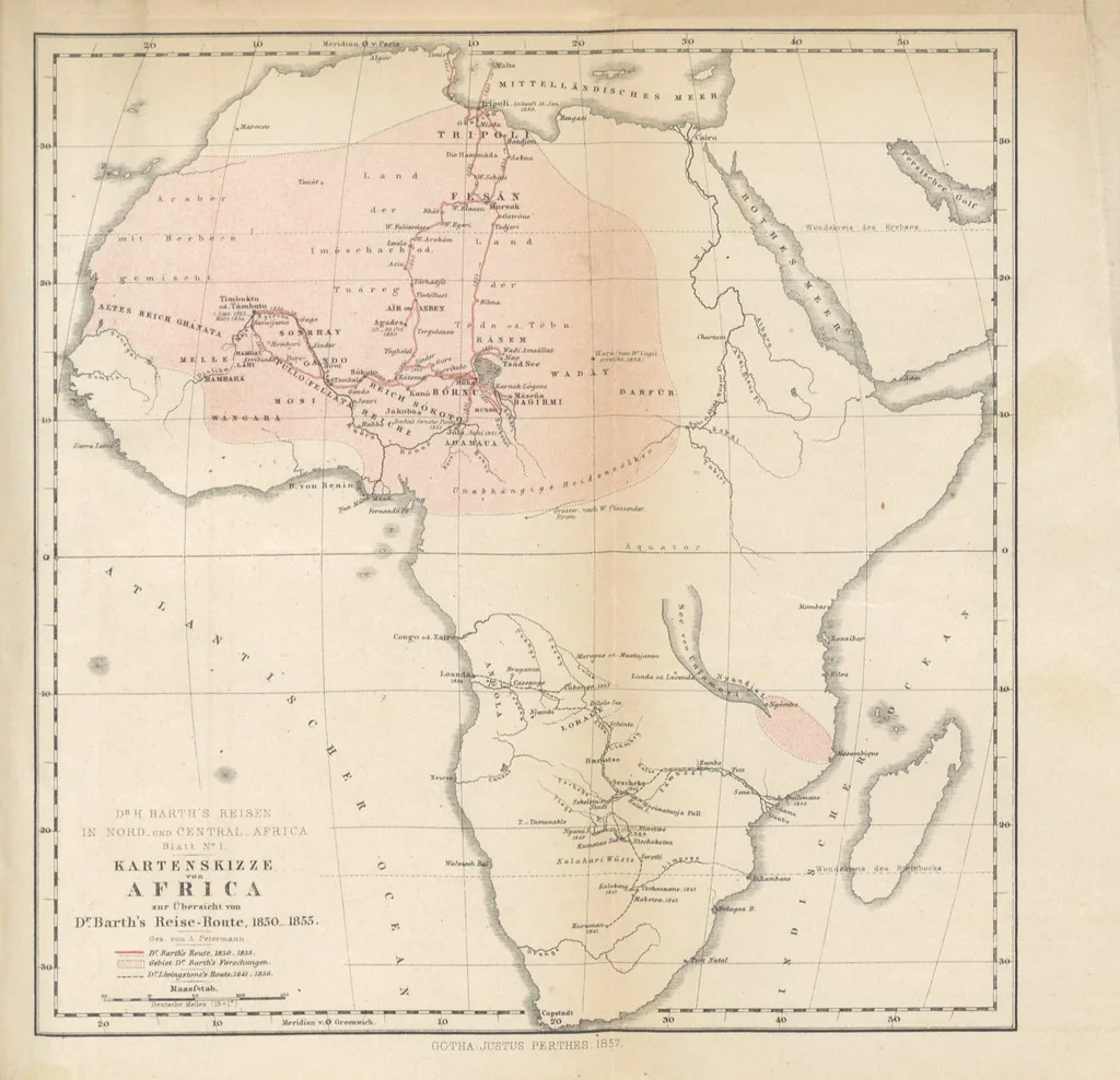 An illustration from Reisen und Entdeckungen in Nord- und Central-Afrika in den Jahren 1849 bis 1855. Von Dr. H. Barth. Tagebuch seiner im Auftrag der Brittischen Regierung unternommenen Reise ... Mit Karten, Holzschnitten und Bildern. L.P, 1857, leaf 715