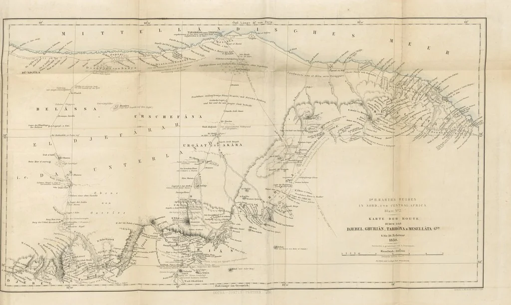 An illustration from Reisen und Entdeckungen in Nord- und Central-Afrika in den Jahren 1849 bis 1855. Von Dr. H. Barth. Tagebuch seiner im Auftrag der Brittischen Regierung unternommenen Reise ... Mit Karten, Holzschnitten und Bildern. L.P, 1857, leaf 717