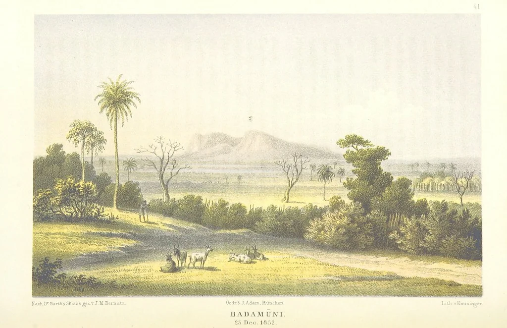 An illustration from Reisen und Entdeckungen in Nord- und Central-Afrika in den Jahren 1849 bis 1855. Von Dr. H. Barth. Tagebuch seiner im Auftrag der Brittischen Regierung unternommenen Reise ... Mit Karten, Holzschnitten und Bildern. L.P, 1857, leaf 102