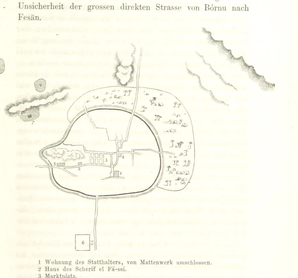 An illustration from Reisen und Entdeckungen in Nord- und Central-Afrika in den Jahren 1849 bis 1855. Von Dr. H. Barth. Tagebuch seiner im Auftrag der Brittischen Regierung unternommenen Reise ... Mit Karten, Holzschnitten und Bildern. L.P, 1857, leaf 111
