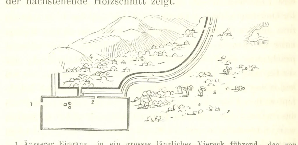 An illustration from Reisen und Entdeckungen in Nord- und Central-Afrika in den Jahren 1849 bis 1855. Von Dr. H. Barth. Tagebuch seiner im Auftrag der Brittischen Regierung unternommenen Reise ... Mit Karten, Holzschnitten und Bildern. L.P, 1857, leaf 144
