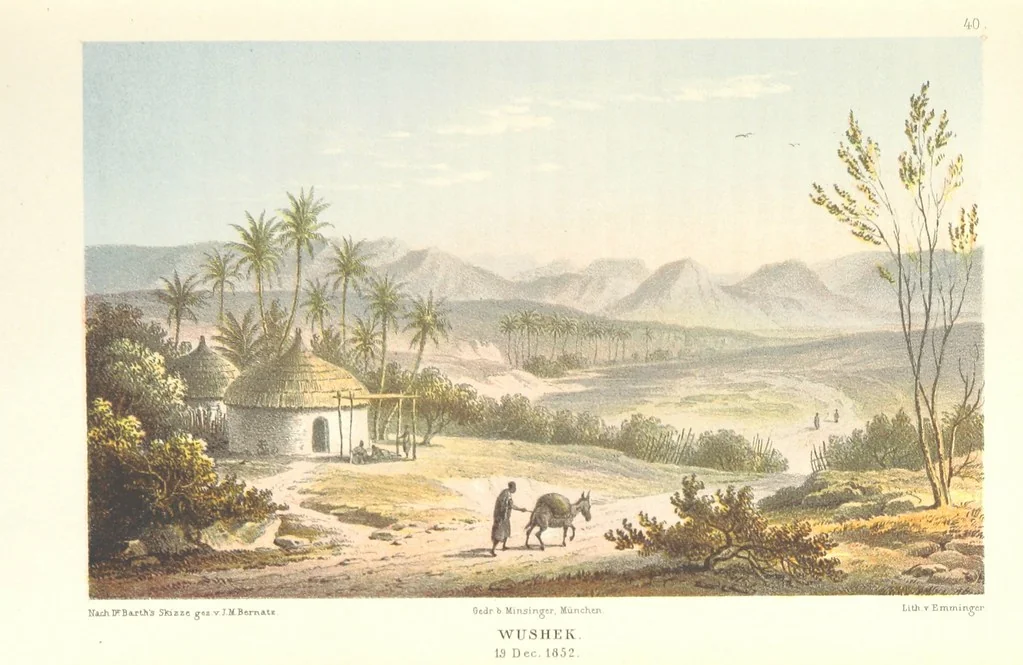 An illustration from Reisen und Entdeckungen in Nord- und Central-Afrika in den Jahren 1849 bis 1855. Von Dr. H. Barth. Tagebuch seiner im Auftrag der Brittischen Regierung unternommenen Reise ... Mit Karten, Holzschnitten und Bildern. L.P, 1857, leaf 87
