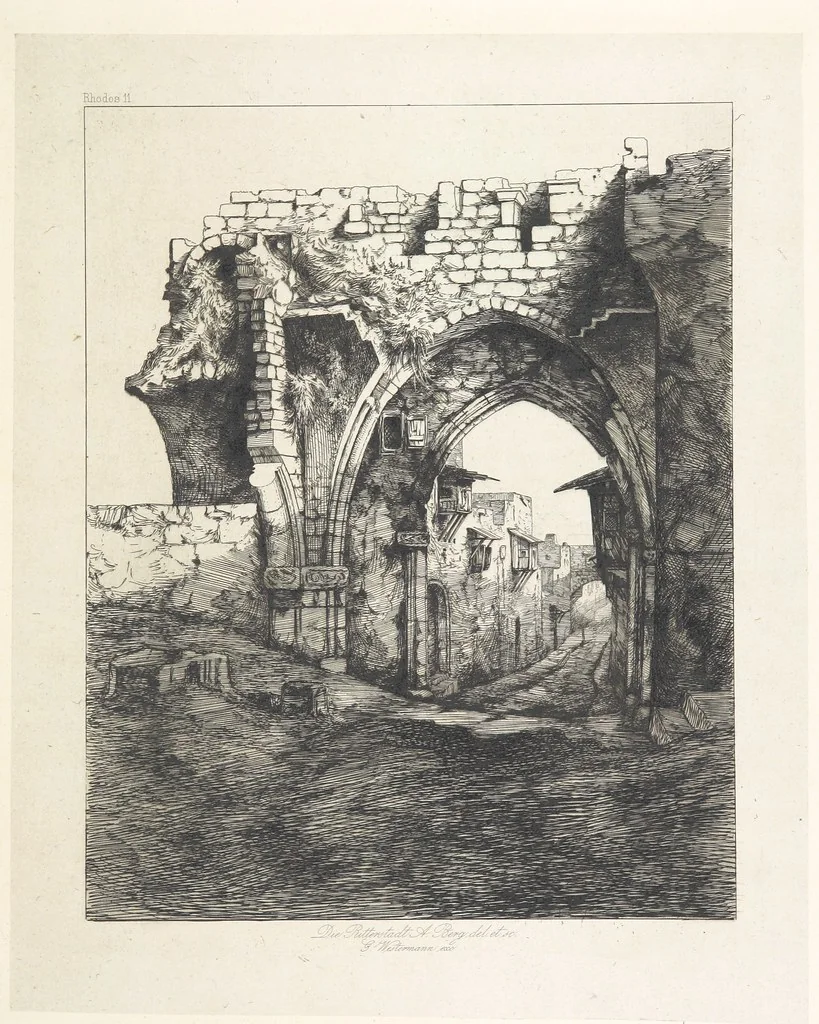 An illustration from Die Insel Rhodus, aus eigener Anschauung und nach den vorhandenen Quellen historisch, geographisch, archäologisch, malerisch beschrieben und durch Originalradirungen und Holzschnitte nach eigenen Naturstudien und Zeichnungen illustrirt. F.P, 1862, leaf 135