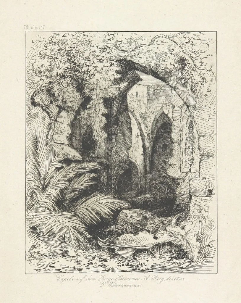 An illustration from Die Insel Rhodus, aus eigener Anschauung und nach den vorhandenen Quellen historisch, geographisch, archäologisch, malerisch beschrieben und durch Originalradirungen und Holzschnitte nach eigenen Naturstudien und Zeichnungen illustrirt. F.P, 1862, leaf 229