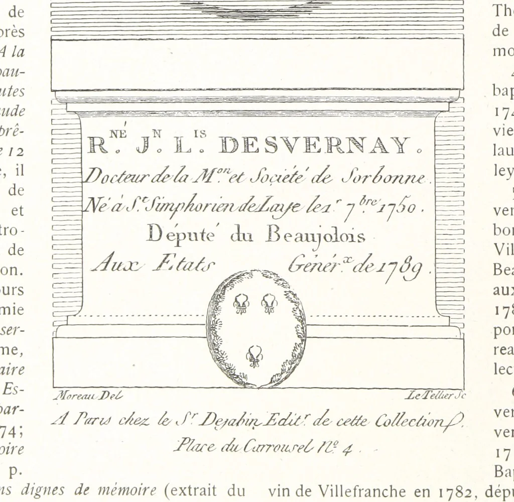 An illustration from Beaujolais-Forez-Dombes. Thizy et les environs. Armorial et notes généalogiques. Ouvrage orné de 380 gravures et rédigé d'après les notes éparses laissées par Étienne Mulsant, etc, 1899, leaf 54