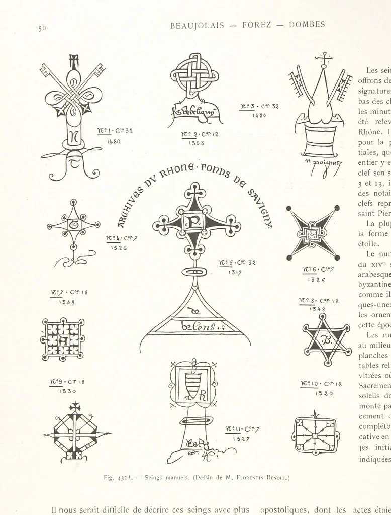 An illustration from Beaujolais-Forez-Dombes. Thizy et les environs. Armorial et notes généalogiques. Ouvrage orné de 380 gravures et rédigé d'après les notes éparses laissées par Étienne Mulsant, etc, 1899, leaf 60