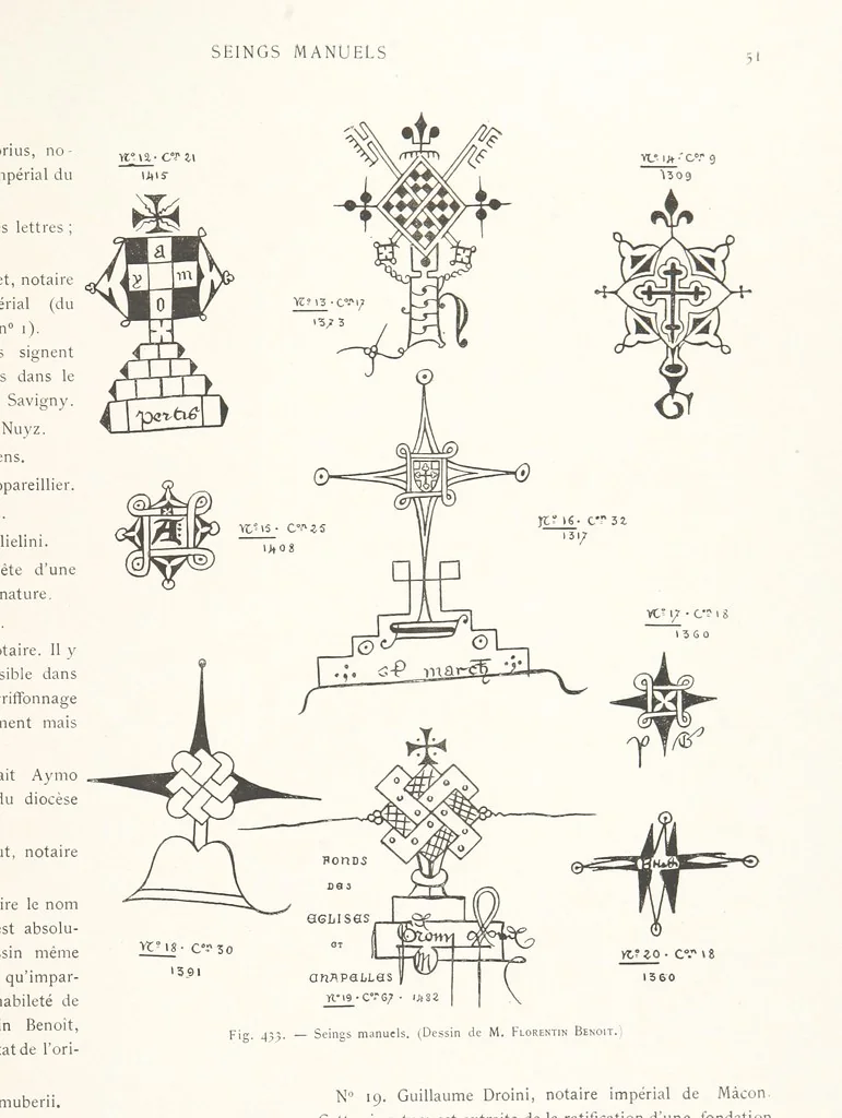 An illustration from Beaujolais-Forez-Dombes. Thizy et les environs. Armorial et notes généalogiques. Ouvrage orné de 380 gravures et rédigé d'après les notes éparses laissées par Étienne Mulsant, etc, 1899, leaf 61