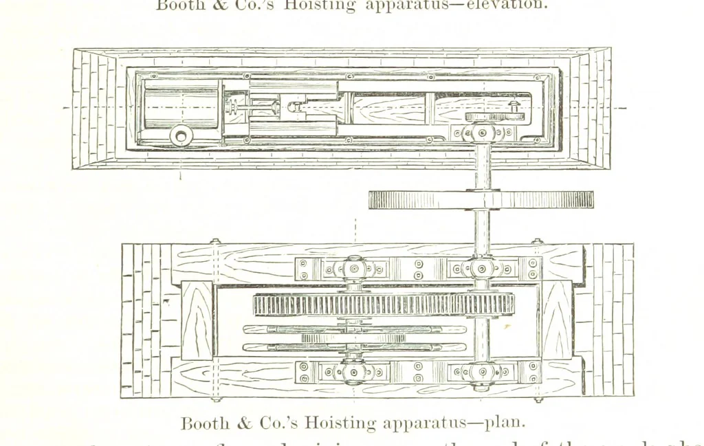 An illustration from Notices of Mining Machinery and various mechanical appliances in use chiefly in the Pacific States and Territories, for mining, raising, and working ores, etc, 1871, leaf 117
