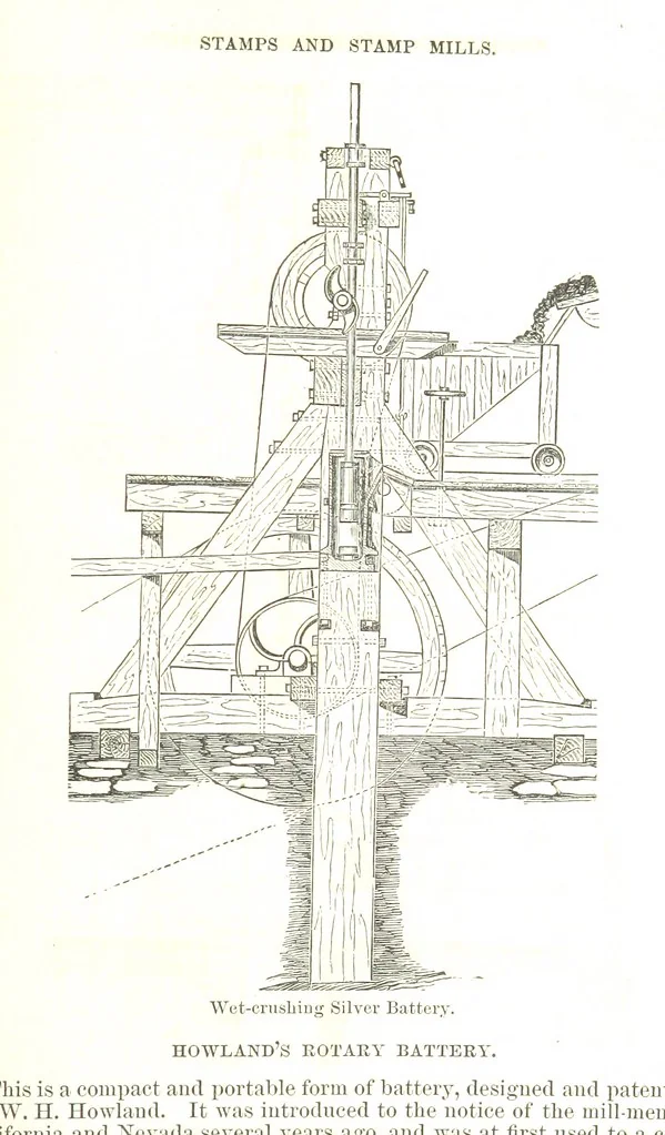 An illustration from Notices of Mining Machinery and various mechanical appliances in use chiefly in the Pacific States and Territories, for mining, raising, and working ores, etc, 1871, leaf 213