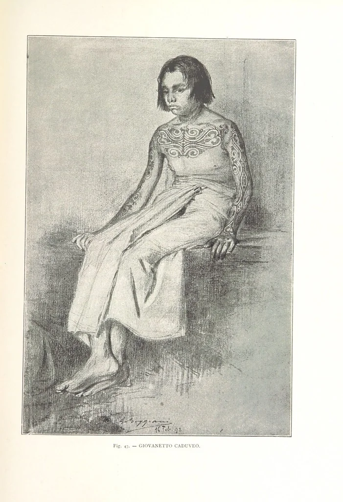 An illustration from Viaggi d'un artista nell'America Meridionale. I Caduvei, Mbayá o Guaycurú. Con prefazione ed uno studio storico ed etnografico del Dott. G. A. Colini. 112 figure, etc, 1895, leaf 133