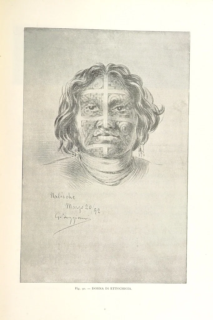 An illustration from Viaggi d'un artista nell'America Meridionale. I Caduvei, Mbayá o Guaycurú. Con prefazione ed uno studio storico ed etnografico del Dott. G. A. Colini. 112 figure, etc, 1895, leaf 221