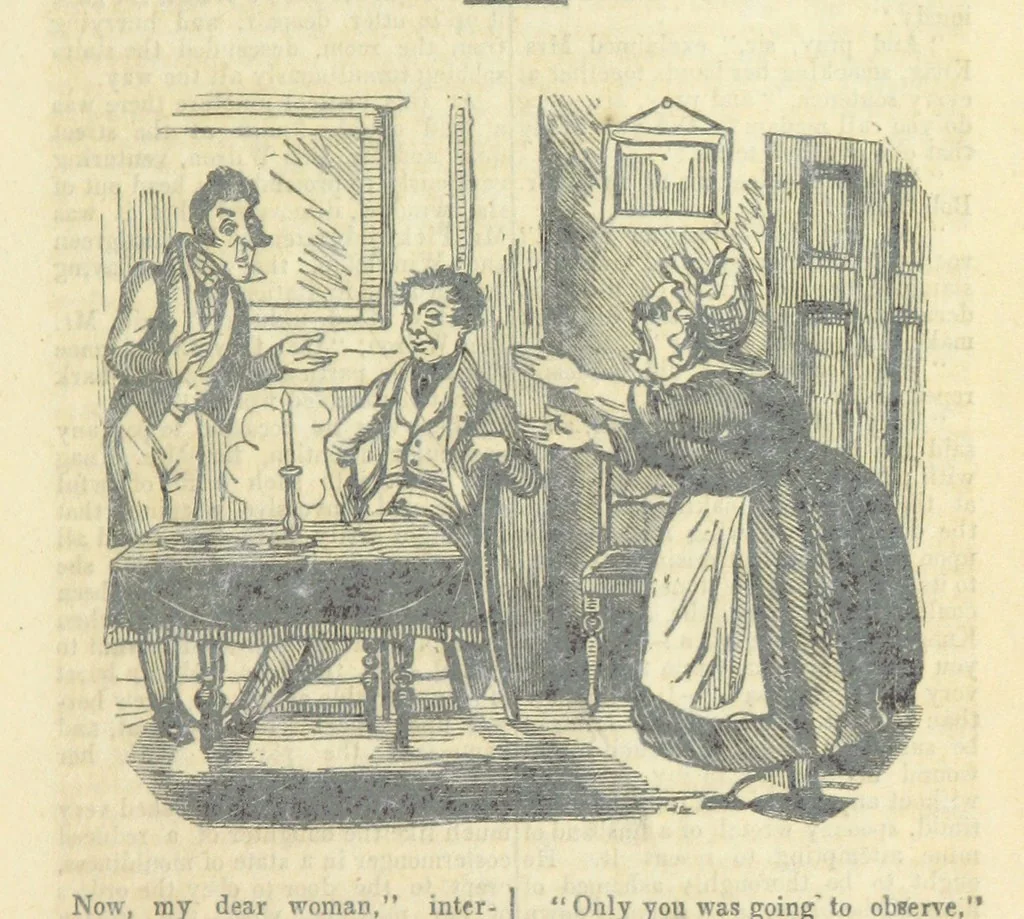 An illustration from The post-humorous notes of the Pickwickian Club. Edited by “Bos”. Illustrated with ... engravings, 1837, leaf 165