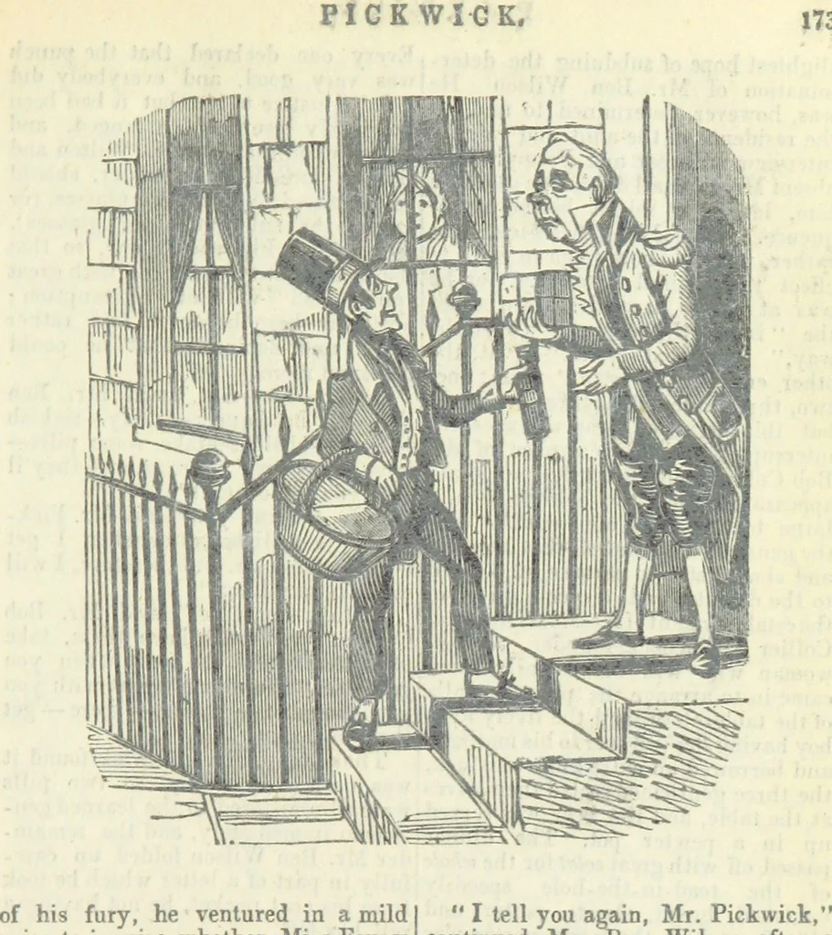 An illustration from The post-humorous notes of the Pickwickian Club. Edited by “Bos”. Illustrated with ... engravings, 1837, leaf 185
