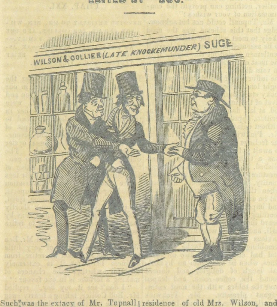 An illustration from The post-humorous notes of the Pickwickian Club. Edited by “Bos”. Illustrated with ... engravings, 1837, leaf 189