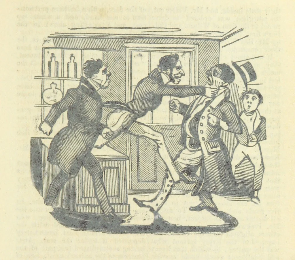An illustration from The post-humorous notes of the Pickwickian Club. Edited by “Bos”. Illustrated with ... engravings, 1837, leaf 201