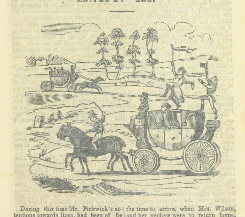 An illustration from The post-humorous notes of the Pickwickian Club. Edited by “Bos”. Illustrated with ... engravings, 1837, leaf 221