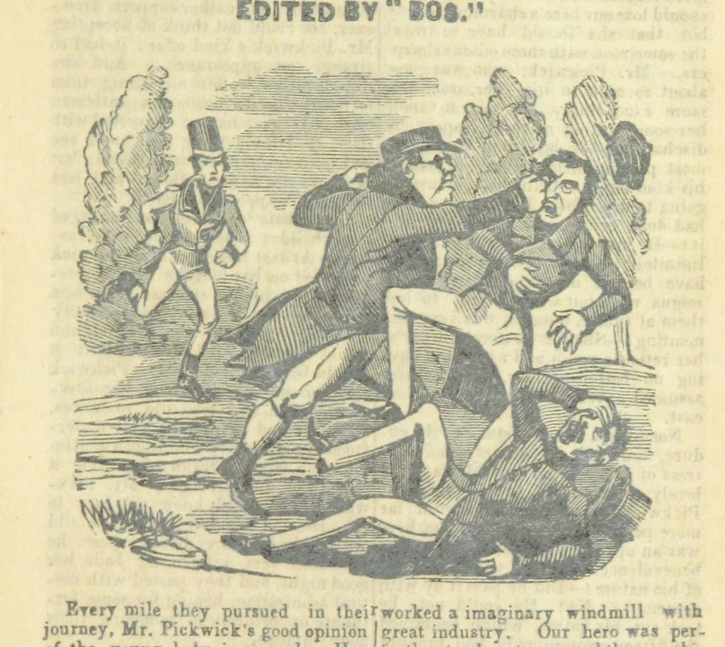 An illustration from The post-humorous notes of the Pickwickian Club. Edited by “Bos”. Illustrated with ... engravings, 1837, leaf 253