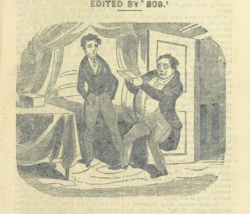 An illustration from The post-humorous notes of the Pickwickian Club. Edited by “Bos”. Illustrated with ... engravings, 1837, leaf 343