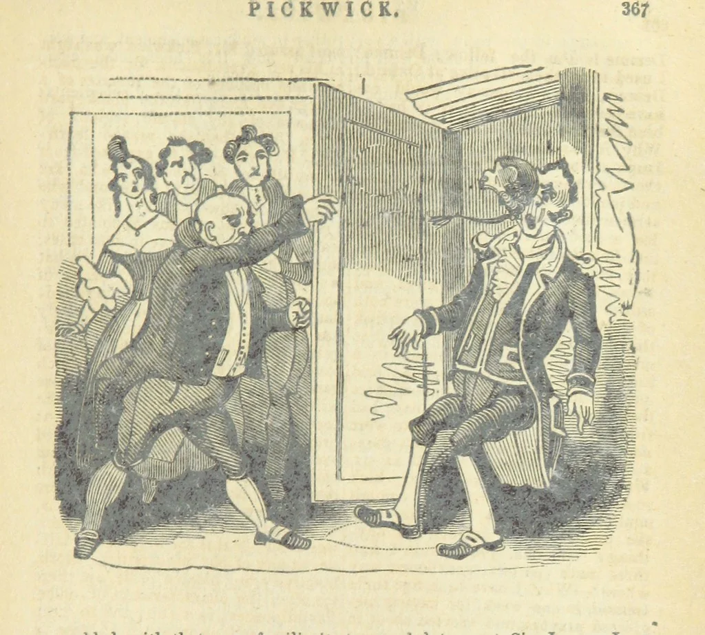 An illustration from The post-humorous notes of the Pickwickian Club. Edited by “Bos”. Illustrated with ... engravings, 1837, leaf 387