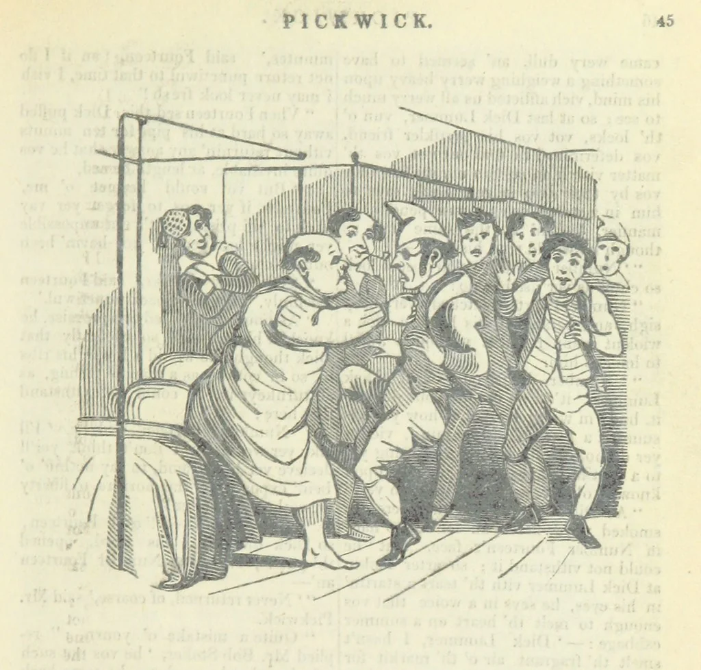 An illustration from The post-humorous notes of the Pickwickian Club. Edited by “Bos”. Illustrated with ... engravings, 1837, leaf 57