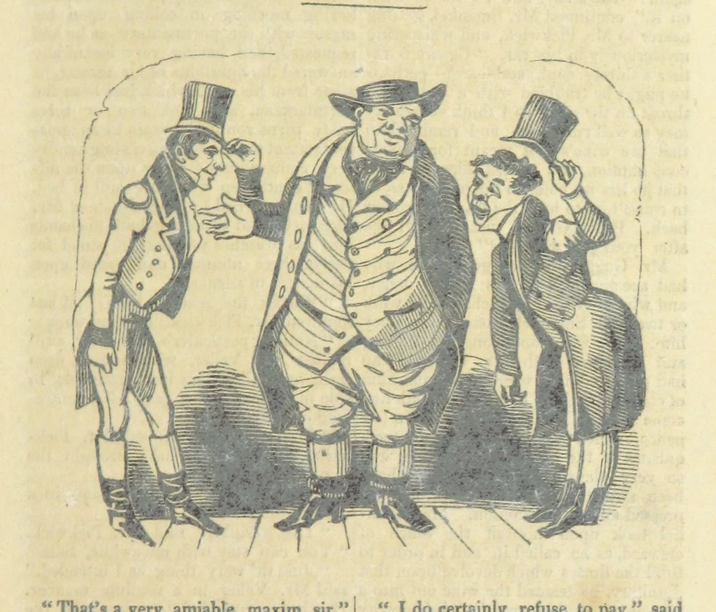 An illustration from The post-humorous notes of the Pickwickian Club. Edited by “Bos”. Illustrated with ... engravings, 1837, leaf 61