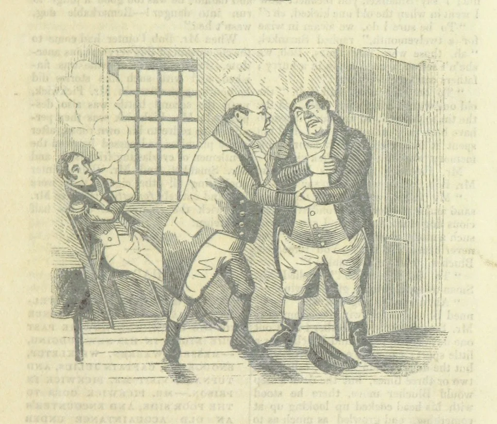 An illustration from The post-humorous notes of the Pickwickian Club. Edited by “Bos”. Illustrated with ... engravings, 1837, leaf 77