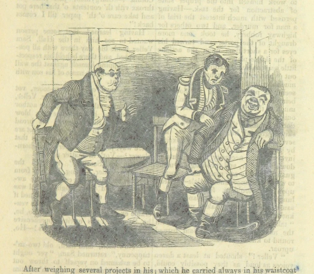 An illustration from The post-humorous notes of the Pickwickian Club. Edited by “Bos”. Illustrated with ... engravings, 1837, leaf 93