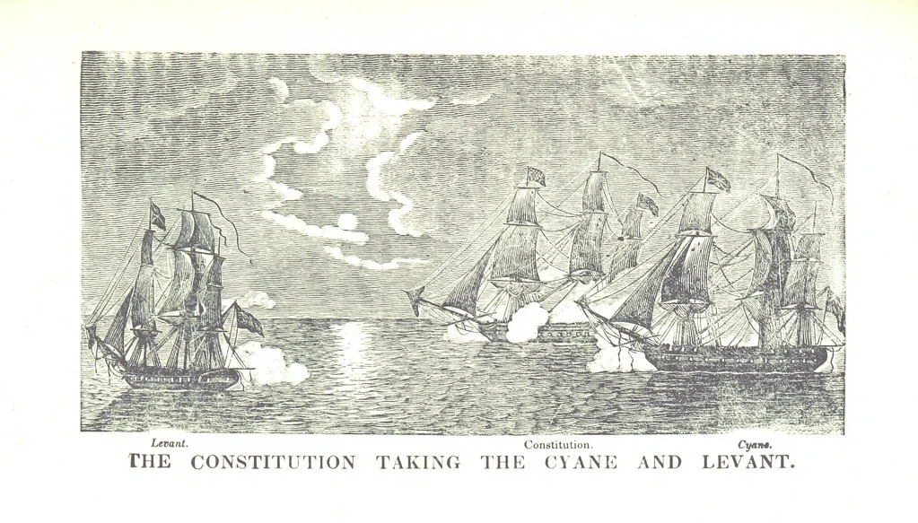 An illustration from The Naval Monument, containing official and other accounts of all the battles fought between the navies of the United States and Great Britain during the late war; and an account of the war with Algiers. With twenty-five engravings, to which is annexed a naval register of the United States ... brought down to ... 1836, 1836, leaf 227