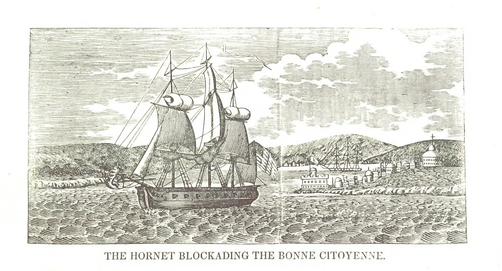 An illustration from The Naval Monument, containing official and other accounts of all the battles fought between the navies of the United States and Great Britain during the late war; and an account of the war with Algiers. With twenty-five engravings, to which is annexed a naval register of the United States ... brought down to ... 1836, 1836, leaf 66