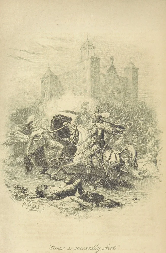 An illustration from Rowland Bradshaw, his Struggles and Adventures on the Way to Fame. By the author of “Raby Rattler” [i.e. Thomas Hall]. With twenty-eight illustrations on steel by S. P. Fletcher, 1848, leaf 174