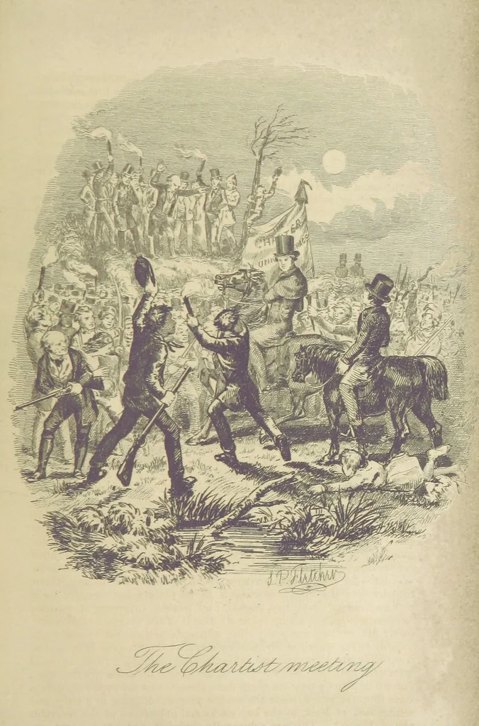 An illustration from Rowland Bradshaw, his Struggles and Adventures on the Way to Fame. By the author of “Raby Rattler” [i.e. Thomas Hall]. With twenty-eight illustrations on steel by S. P. Fletcher, 1848, leaf 227