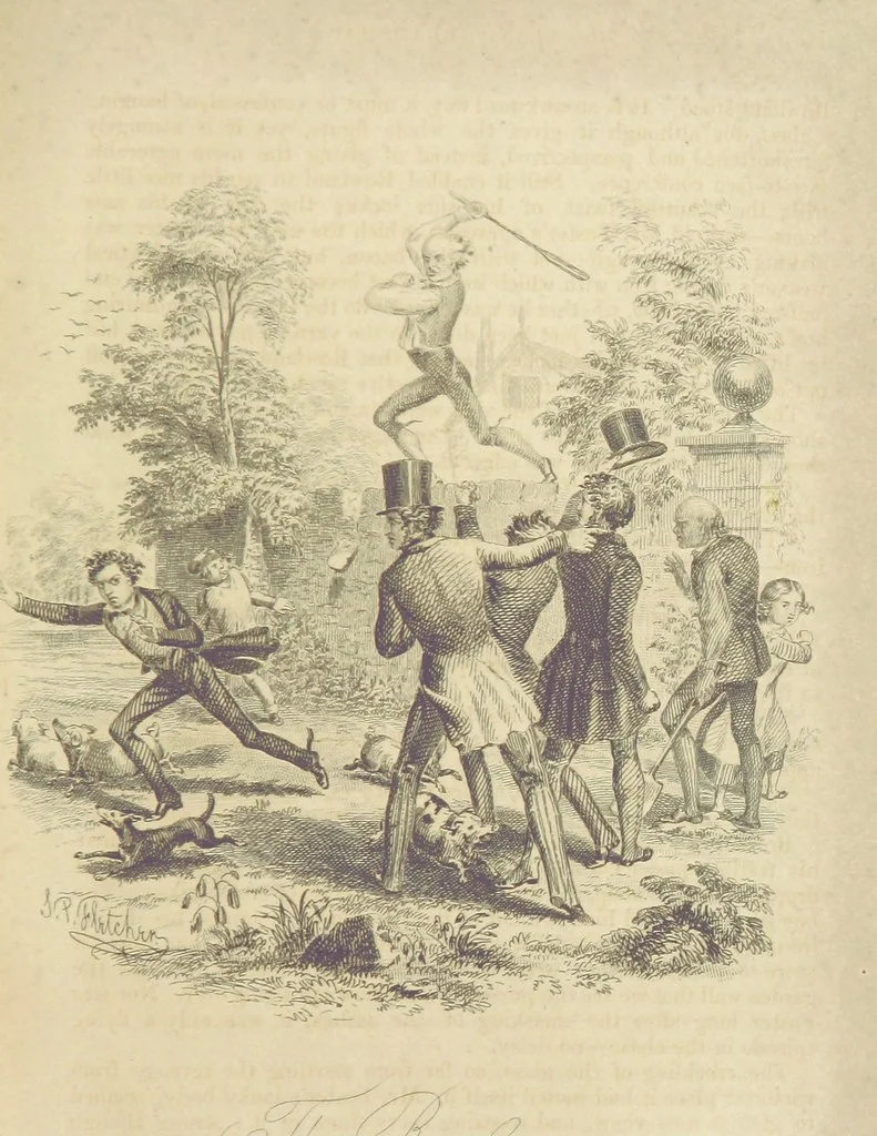 An illustration from Rowland Bradshaw, his Struggles and Adventures on the Way to Fame. By the author of “Raby Rattler” [i.e. Thomas Hall]. With twenty-eight illustrations on steel by S. P. Fletcher, 1848, leaf 33