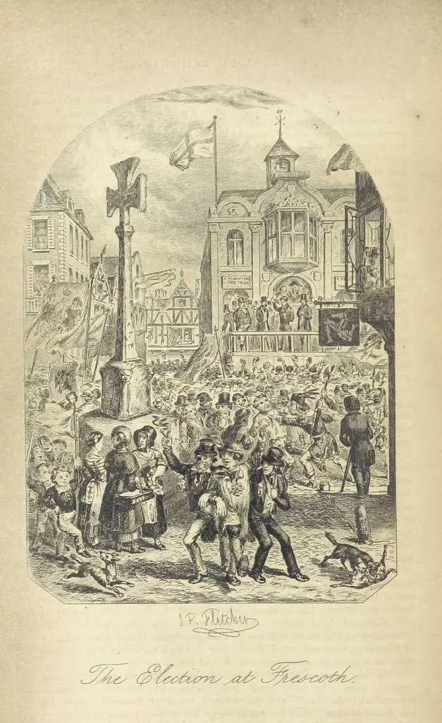An illustration from Rowland Bradshaw, his Struggles and Adventures on the Way to Fame. By the author of “Raby Rattler” [i.e. Thomas Hall]. With twenty-eight illustrations on steel by S. P. Fletcher, 1848, leaf 430