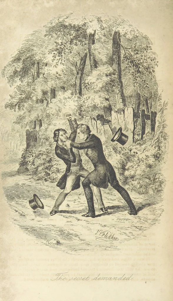 An illustration from Rowland Bradshaw, his Struggles and Adventures on the Way to Fame. By the author of “Raby Rattler” [i.e. Thomas Hall]. With twenty-eight illustrations on steel by S. P. Fletcher, 1848, leaf 440