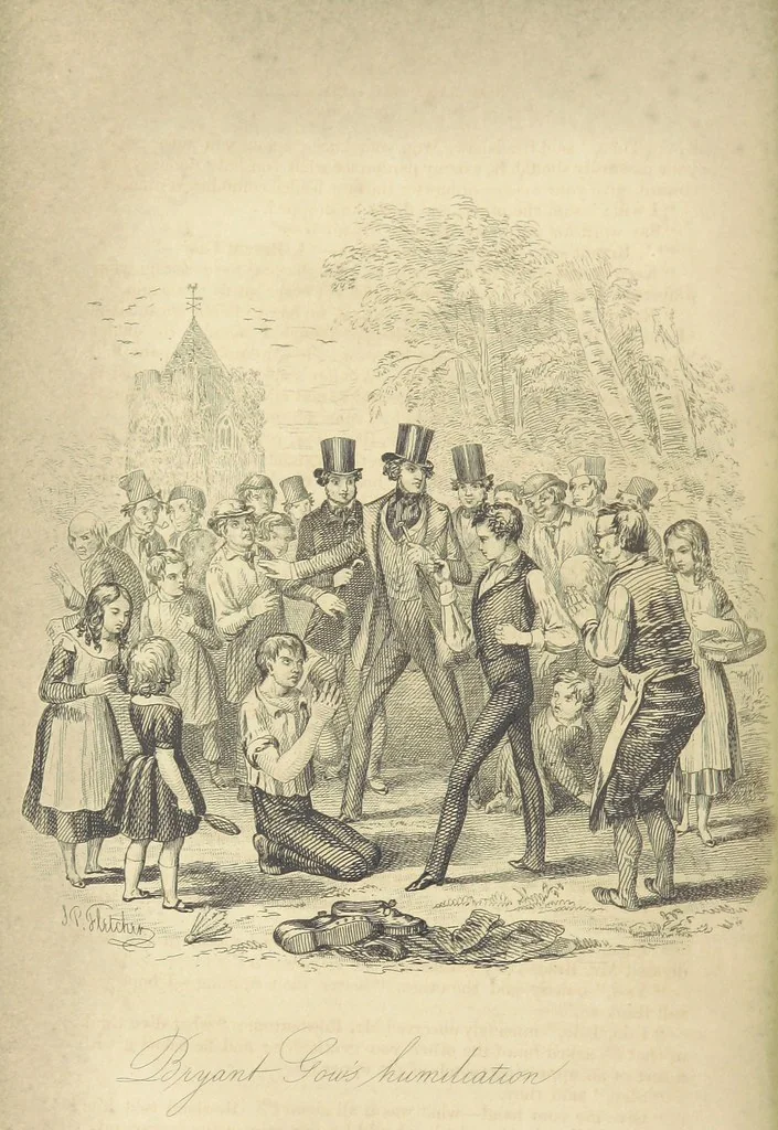 An illustration from Rowland Bradshaw, his Struggles and Adventures on the Way to Fame. By the author of “Raby Rattler” [i.e. Thomas Hall]. With twenty-eight illustrations on steel by S. P. Fletcher, 1848, leaf 58