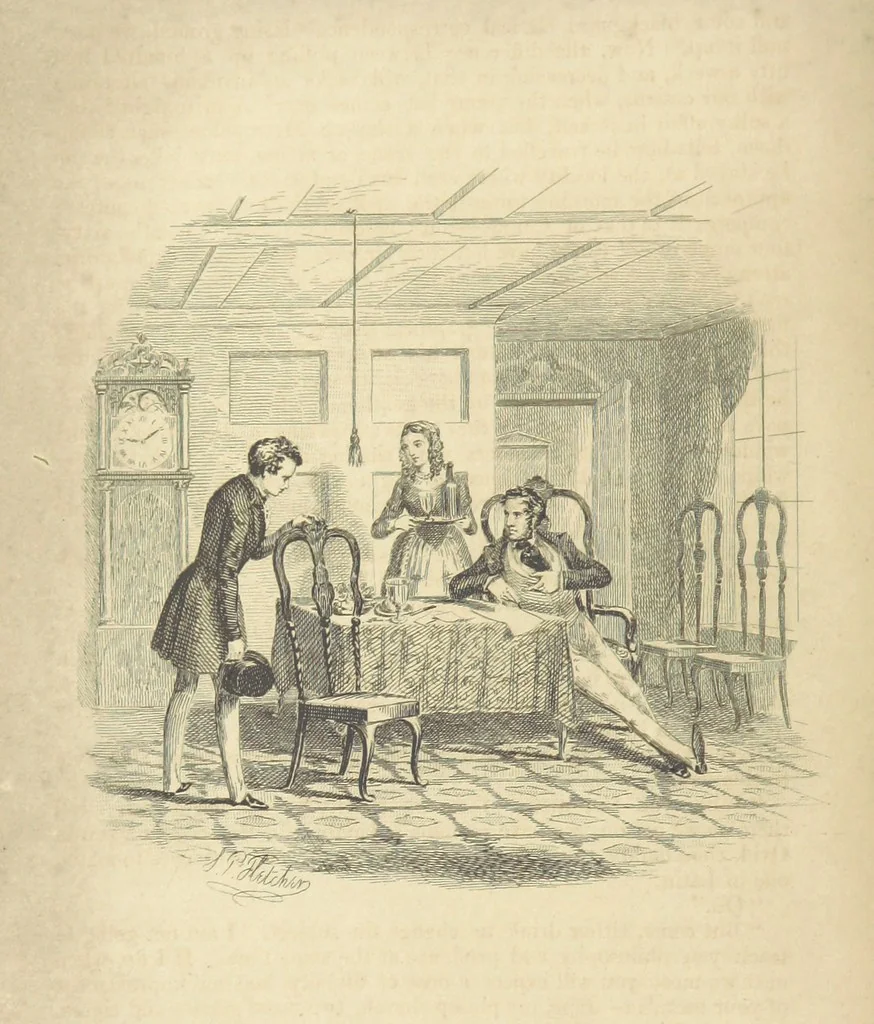 An illustration from Rowland Bradshaw, his Struggles and Adventures on the Way to Fame. By the author of “Raby Rattler” [i.e. Thomas Hall]. With twenty-eight illustrations on steel by S. P. Fletcher, 1848, leaf 74