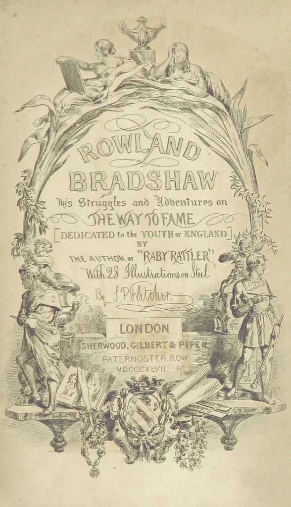 An illustration from Rowland Bradshaw, his Struggles and Adventures on the Way to Fame. By the author of “Raby Rattler” [i.e. Thomas Hall]. With twenty-eight illustrations on steel by S. P. Fletcher, 1848, leaf 9