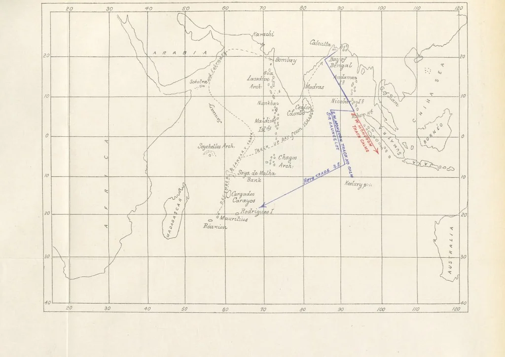 An illustration from New Handbook for the Indian Ocean, Arabian Sea and Bay of Bengal, with miscellaneous subjects for sail and steam, Mauritius cyclones and currents, moon observations and sail-making. [With plates and maps, 1898, leaf 139