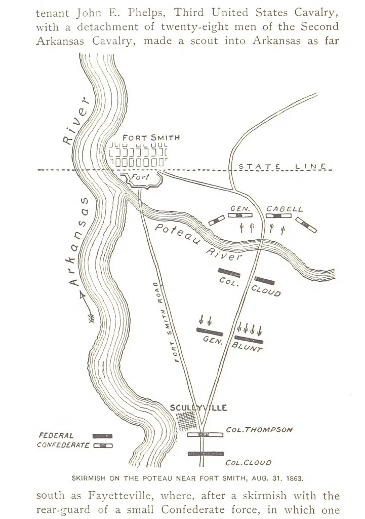 An illustration from The Civil War on the Border. A narrative of operations in Missouri, Kansas, Arkansas, and the Indian Territory during the years 1861-62 (1863-65), based upon the official reports ... Second edition, revised. [With portraits and maps, 1891, leaf 182