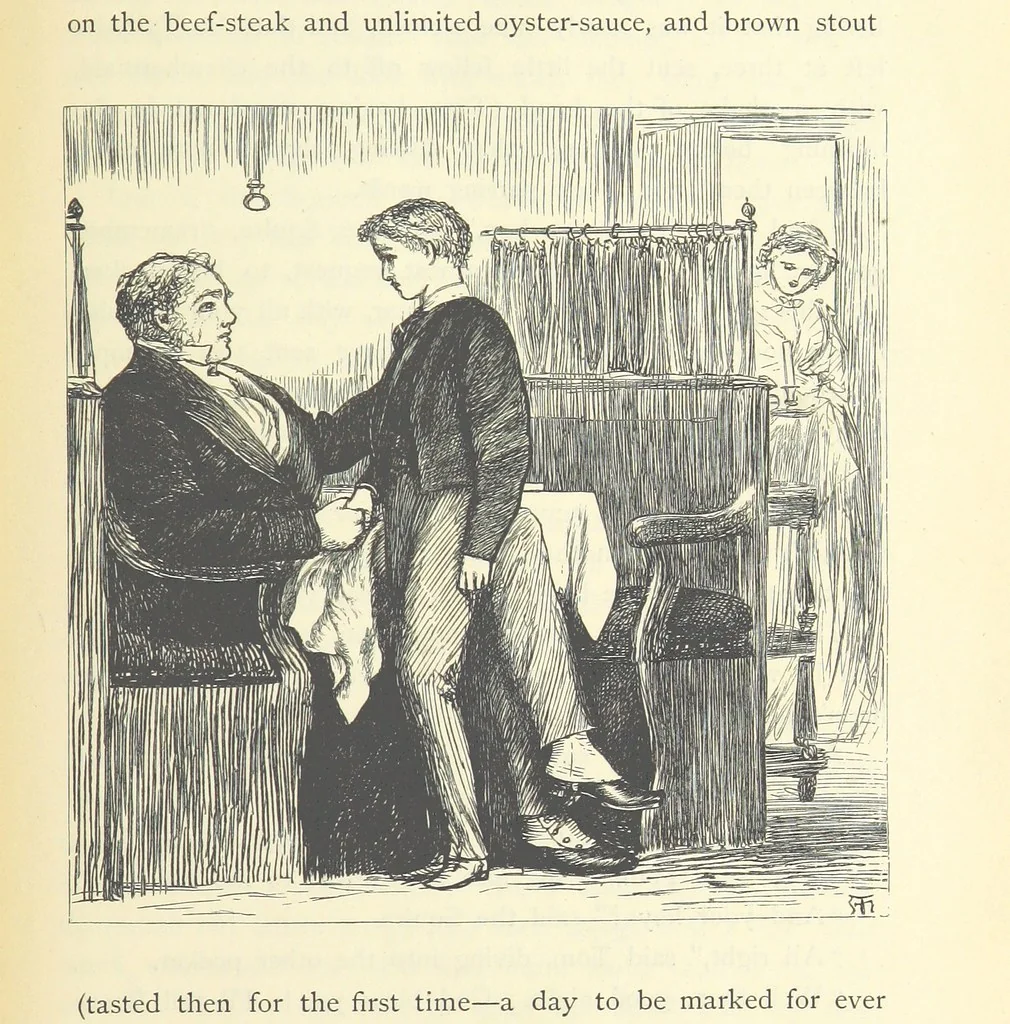 An illustration from Tom Brown's School Days. By an Old Boy [i.e. Thomas Hughes]. Third edition, 1869, leaf 105