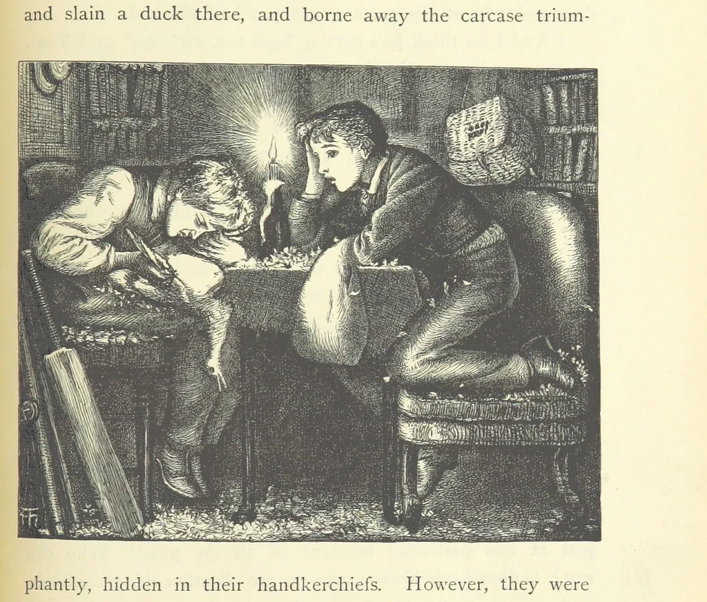 An illustration from Tom Brown's School Days. By an Old Boy [i.e. Thomas Hughes]. Third edition, 1869, leaf 327
