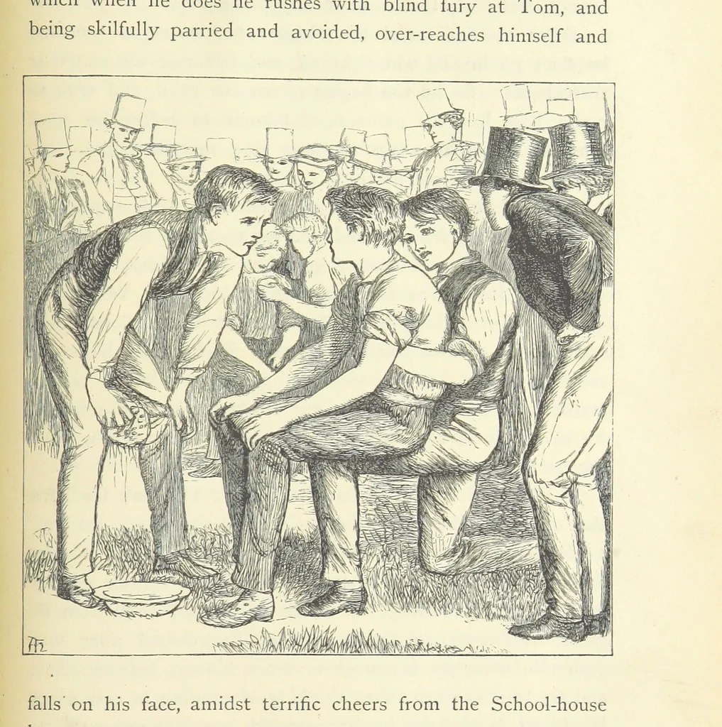 An illustration from Tom Brown's School Days. By an Old Boy [i.e. Thomas Hughes]. Third edition, 1869, leaf 349