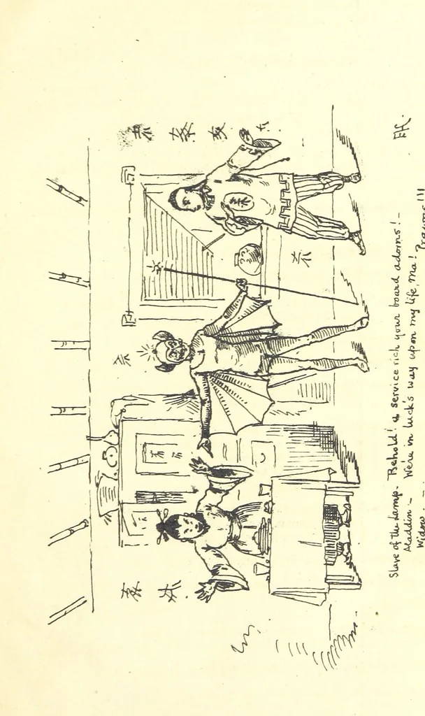 An illustration from Aladdin; or, the Wonderful scamp! An original burlesque extravaganza, in one act. [In verse, 1882, leaf 47